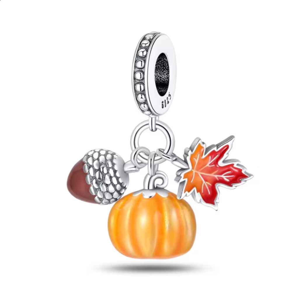 Sterling Silver Autumn Pumpkin, Acorn & Leaf Charm - Fall Enamel Pendant